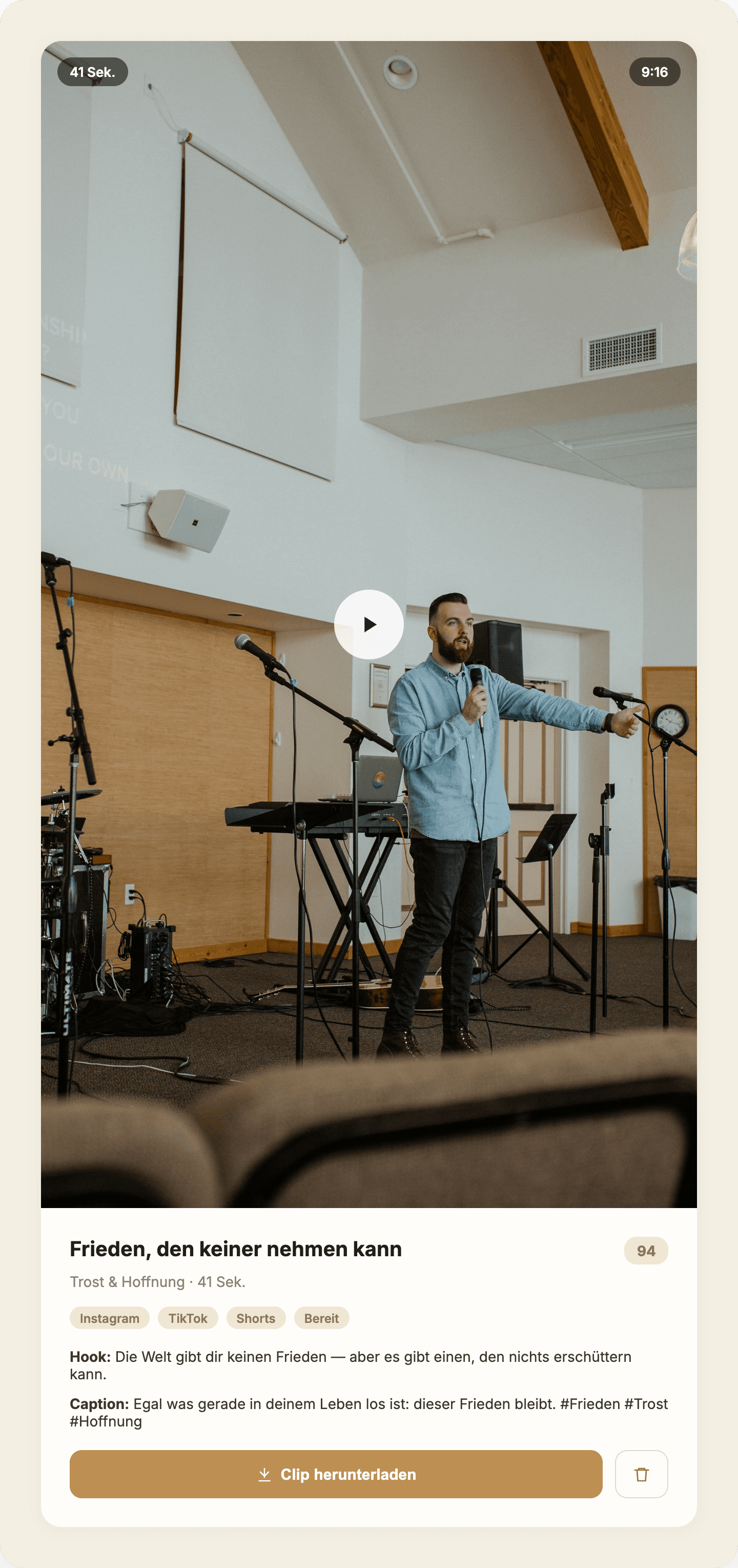 SermonPeak Clip-Detailansicht mit Download-Button